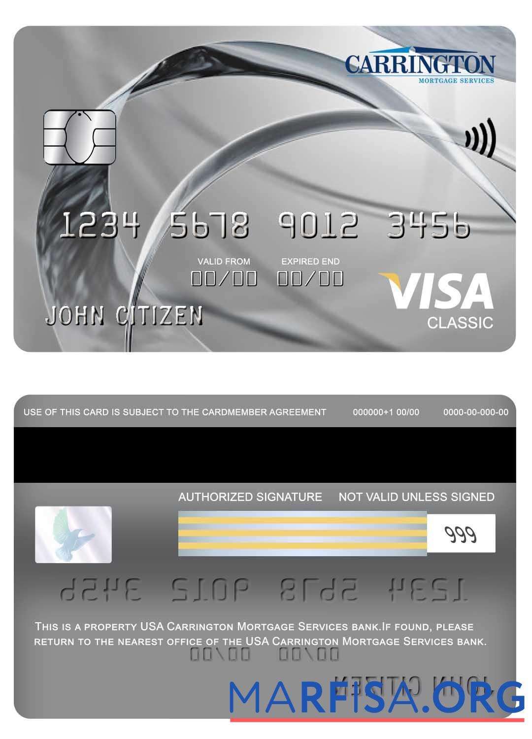 Downloadable USA Carrington Mortgage Services bank visa classic card real example